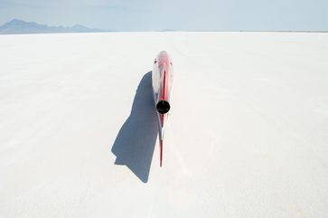 The BUB streamliner with a new land speed record of 350.884 mph at the end of the International Motorcycle Speed Trials by BUB at the Bonneville, UT Salt Flats. September 7, 2006 Photographed by Michael Lichter. ©2006 Michael Lichter.